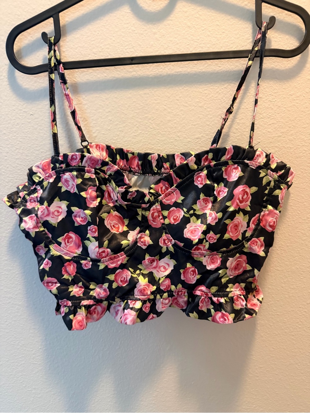 SHEIN Black Crop Tank Top with Pink Rose Print